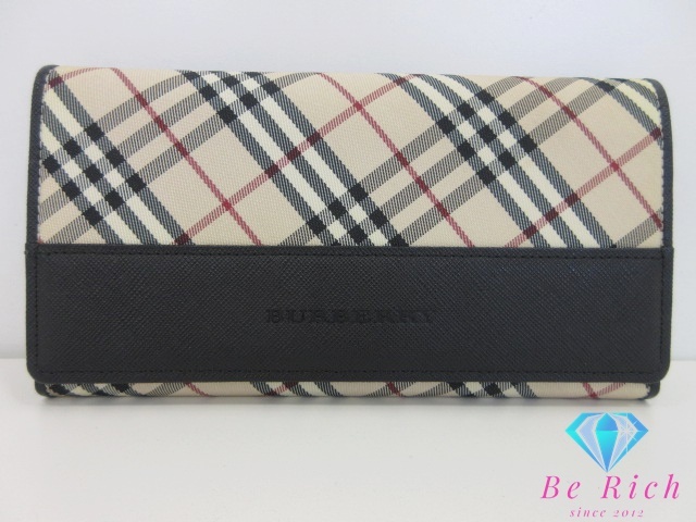 バーバリー BURBERRY 二つ折り財布 長財布 がま口 小銭入れ チェック ベージュ ブラウン 茶 PVC レザー ロゴ ロング 【中古】bs3937拍卖