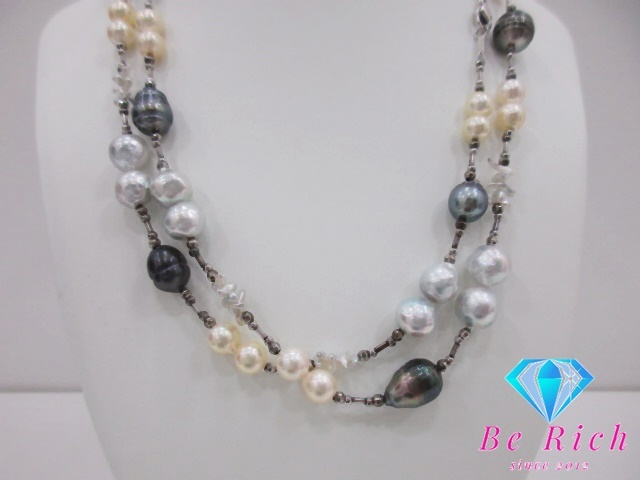 バロック パール 真珠 デザイン ステーション ロング ネックレス マルチカラー グレー系 SILVER シルバー ジュエリー 【中古】dgs4192拍卖