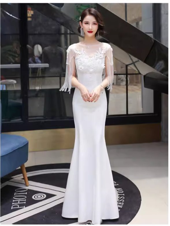 【新品】演奏会 発表会 結婚式 撮影 パーティー ステージ イベント ロング ドレス白XS~3XL選択拍卖