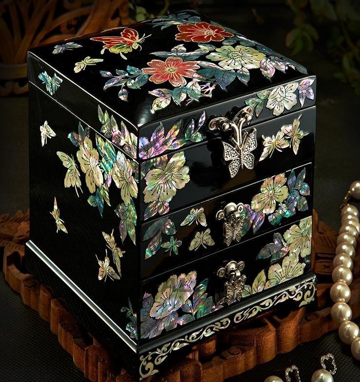 超人気高級感★純手作り製作 漆器 天然シェル 木製 真珠層ラッカー貝殻ジュエリーボックス宝石箱結婚アクセサリーケース箱多層拍卖