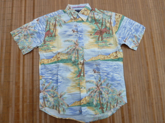USED 2000年代前期 美品 TOMMY HILFIGER ボタンダウン トロピカル・アロハ US/M JP/XL位 ライトブルー系拍卖