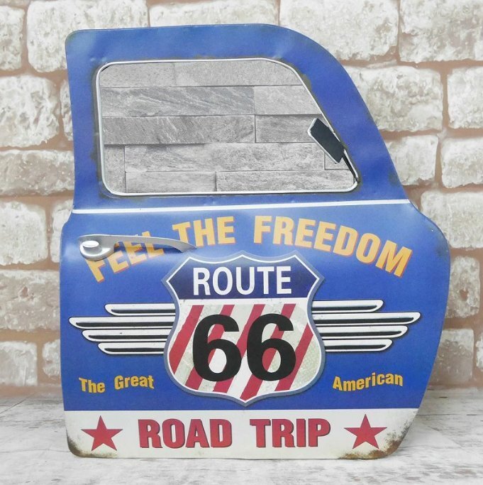 アメリカン雑貨 アメリカンレトロ ドア型プレート 看板 ブリキ 置き型 壁掛け 鏡付き ルート66 Route66 青 BZ-133拍卖