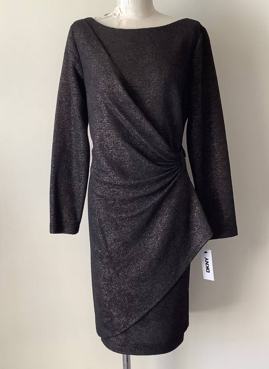 DKNYダナキャランニューヨーク新品12♪BLACK+ピンクラメ入り大人の美シルエットワンピース拍卖