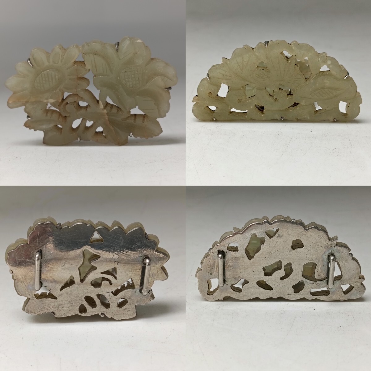 【A4225】時代白玉透かし彫り 極細工玉彫 帯留め ブローチ 縁起物 装飾物 天然石 唐物 中国 骨董品 アンティーク 2点まとめ 総重量27.4g拍卖