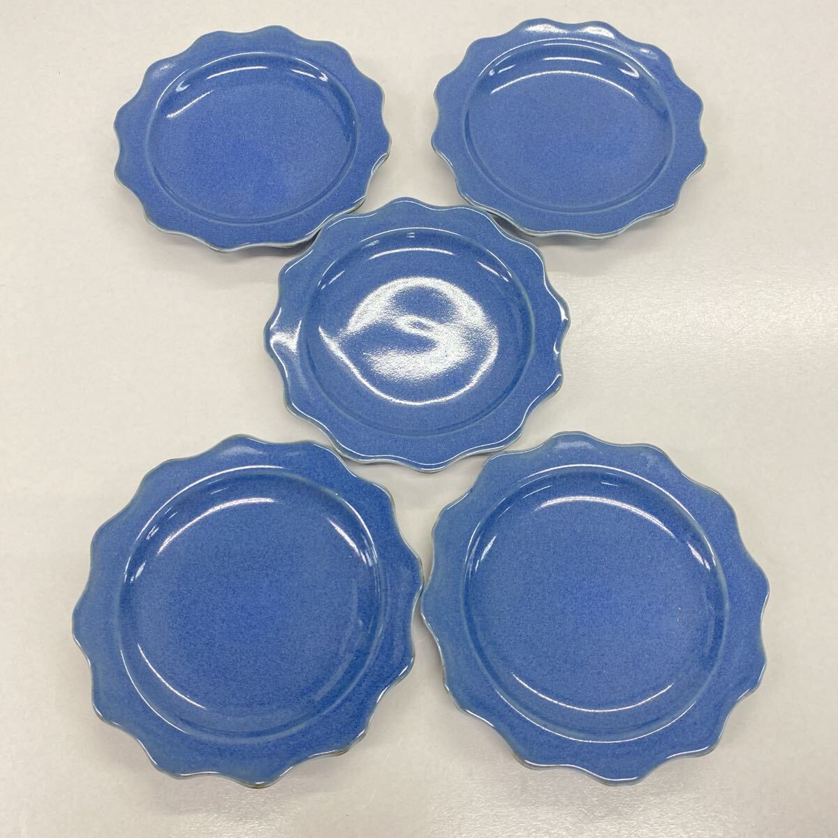 T69 陶磁器 小皿フリル皿 プレート ブルー 5枚 まとめて 醤油皿 お新香皿 食器 洋食器 拍卖