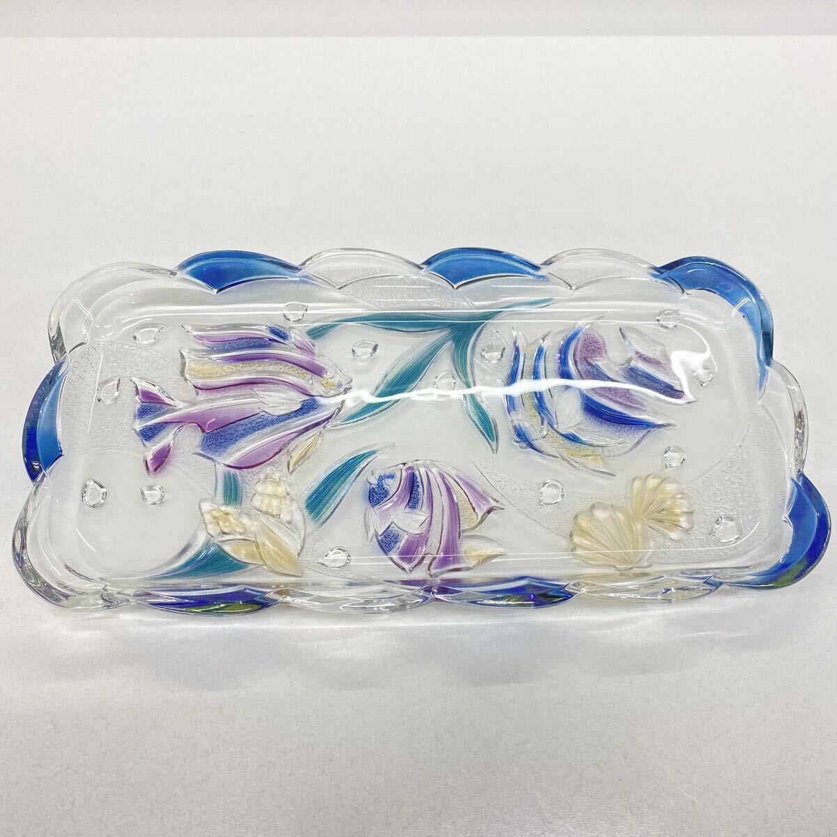 T98 ガラス製 savoir vivre エルセラーン パールフィッシュS トレー 魚と貝の装飾 ガラスお皿 昭和レトロ ガラス食器 角皿 長方形 硝子拍卖