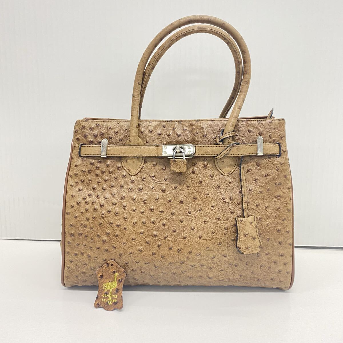 ★840 オーストリッチ ハンドバッグ 南京錠 ブラウン系 レザー 本革 シルバー金具 GENUINE LEATHER 拍卖
