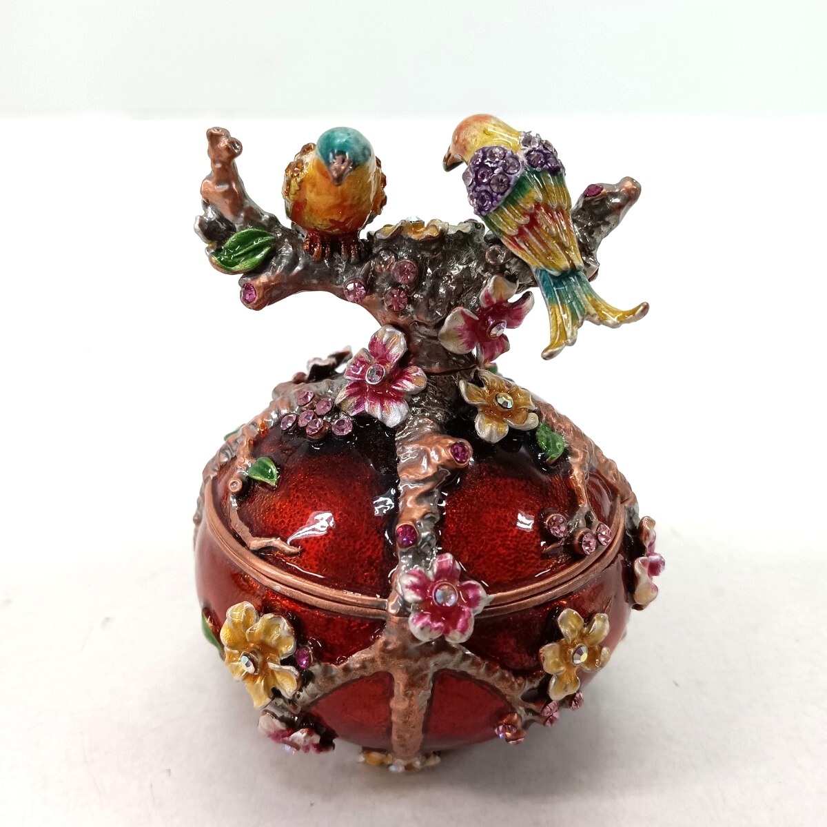 135 エナメル加工? 花鳥 ジュエリーボックス 宝石箱 小物入れ ラインストーン 金属工芸 雑貨 インテリア小物 アンティーク 現状品拍卖