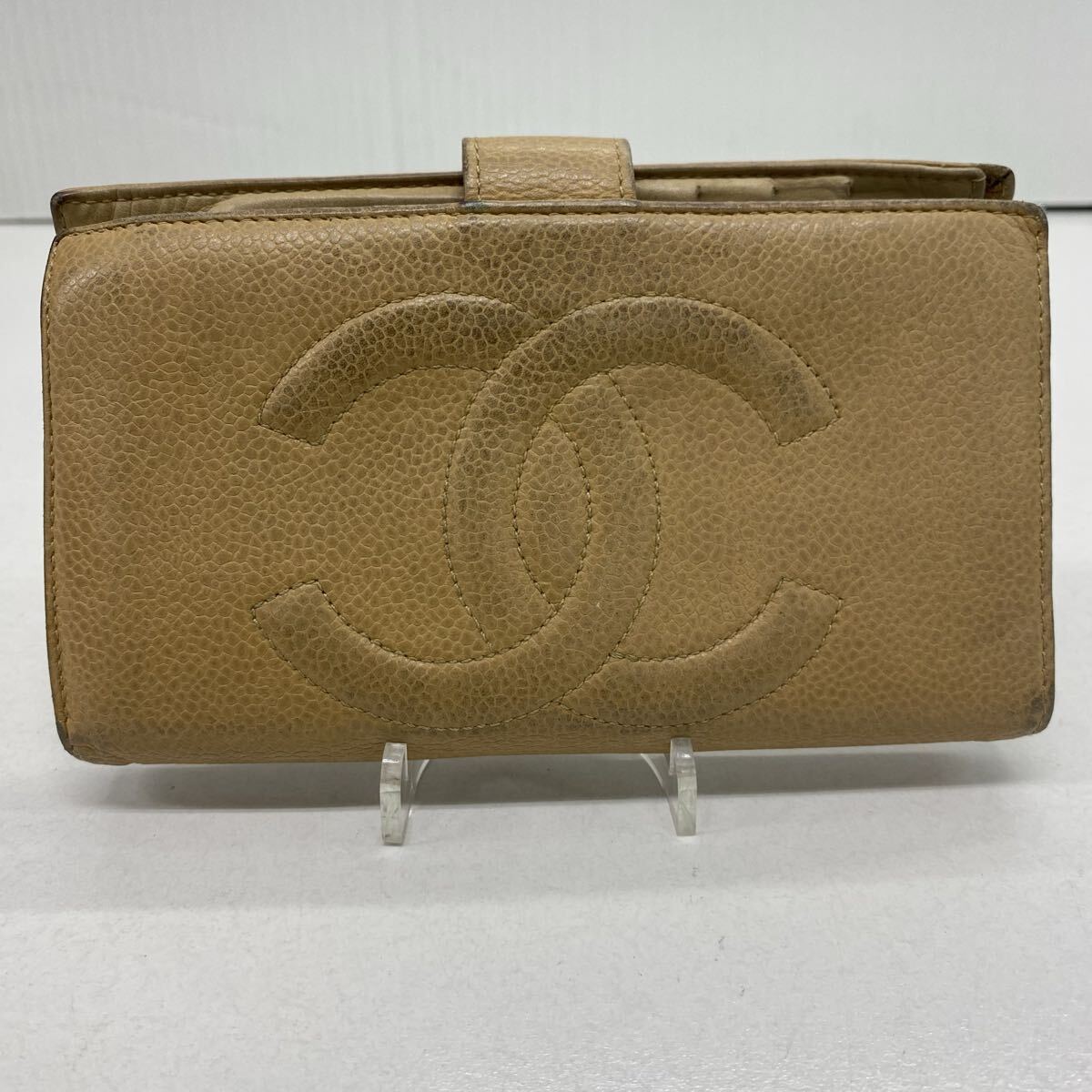 859 CHANEL シャネル 長財布 ベージュ キャビアスキン コインケース ウォレット レディース メンズ ココマーク 拍卖