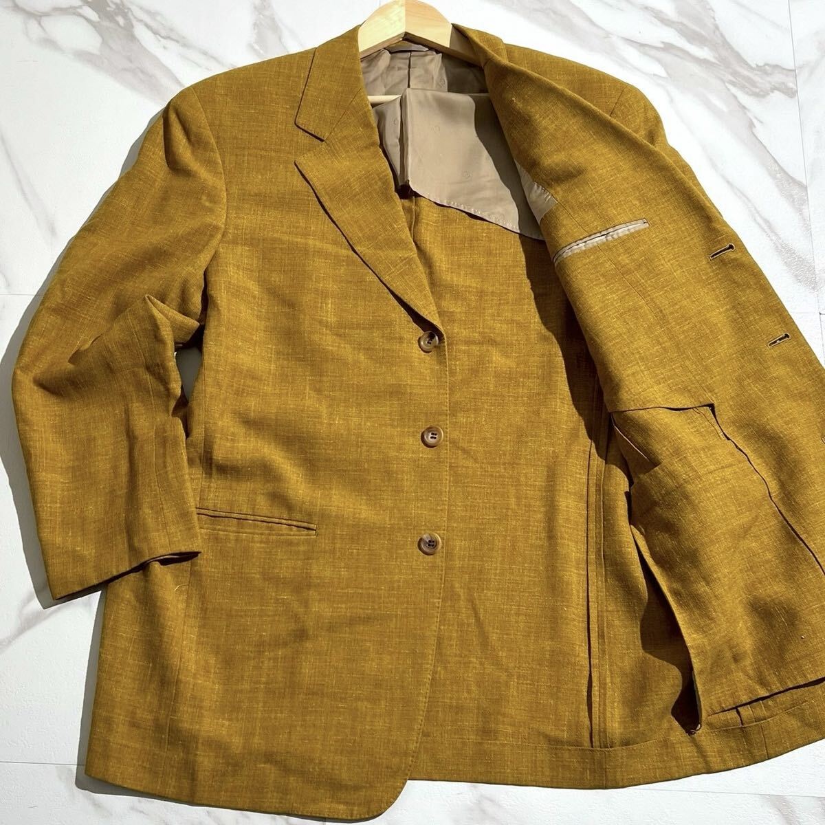 美品!!!Lサイズ Christian Dior クリスチャンディオール メンズ テーラードジャケット キャメルイエロー 希少カラー リネン 麻拍卖