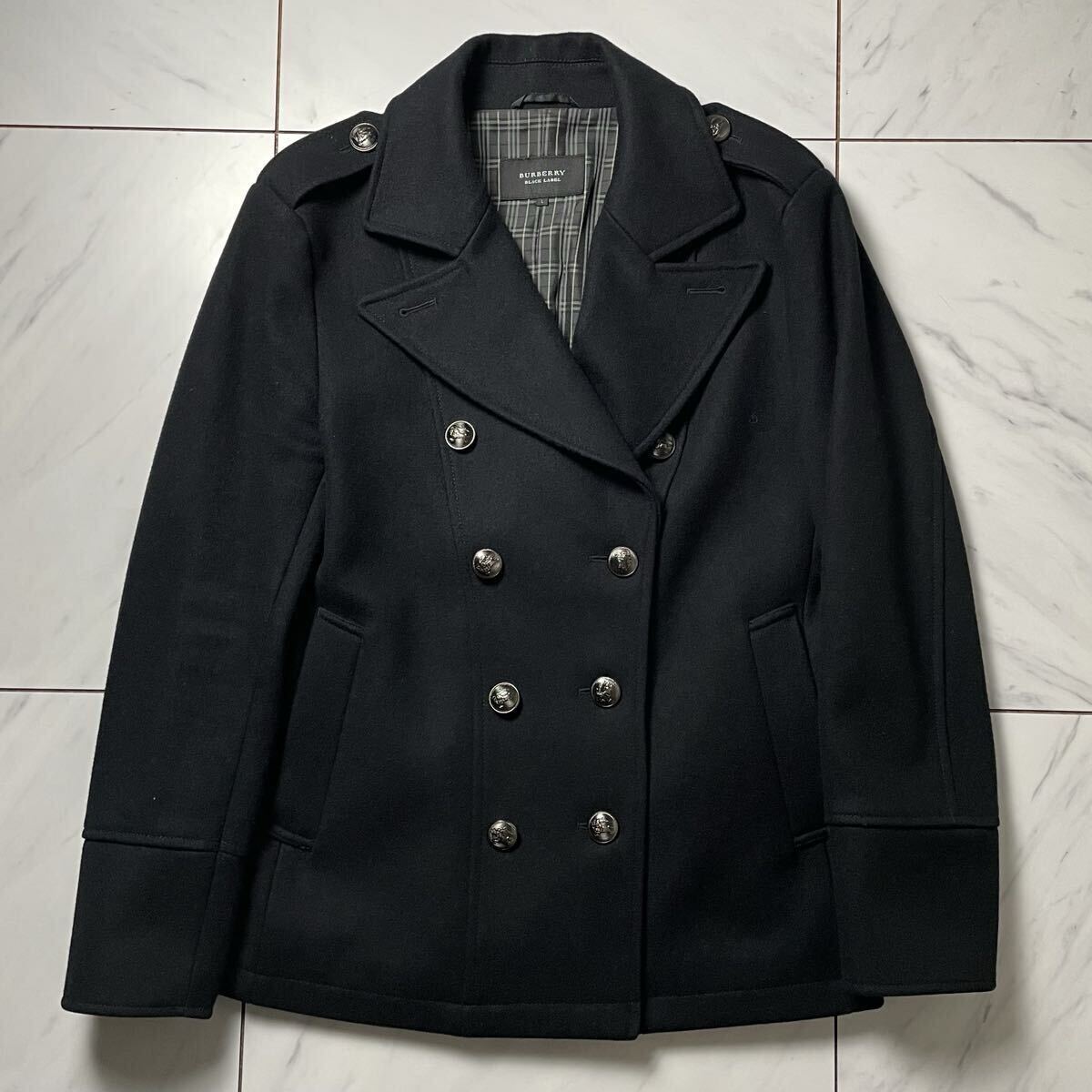 BURBERRY BLACK LABEL Pコート ホース ナポレオン メルトン ウール ナイロン メタルボタン 黒 メンズ バーバリー ブラックレーベル L拍卖