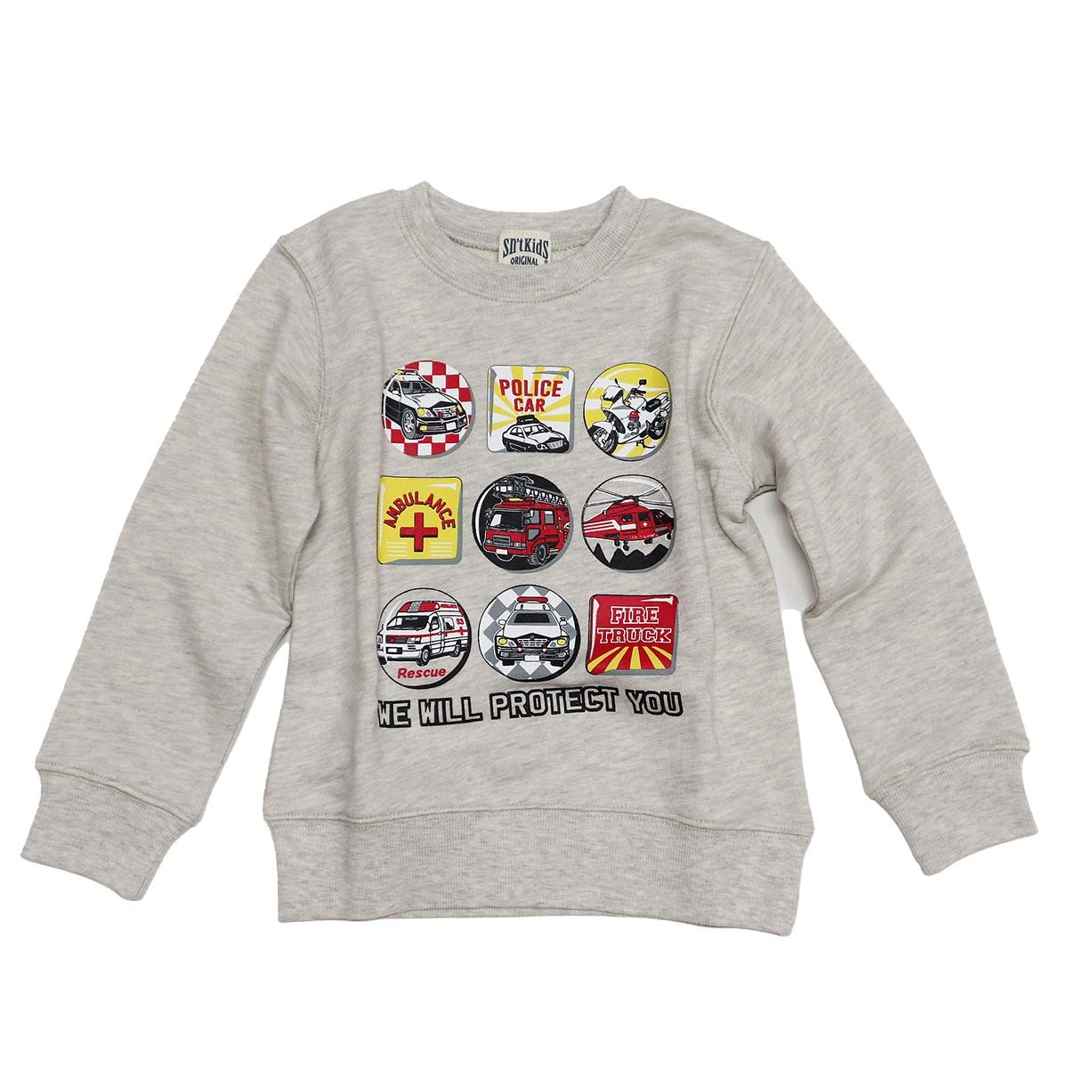 新品タグ付き130cm働く車裏毛トレーナー オートミール パトカー 救急車 消防車 2329 はしご車 レスキューカー 緊急自動車拍卖