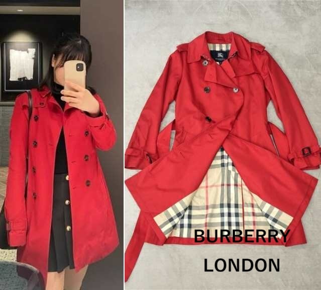 【BURBERRY LONDON|バーバリー・ロンドン】 ダブルブレスト トレンチコート 裏地ノバチェック 赤トレンチ レッド 38拍卖