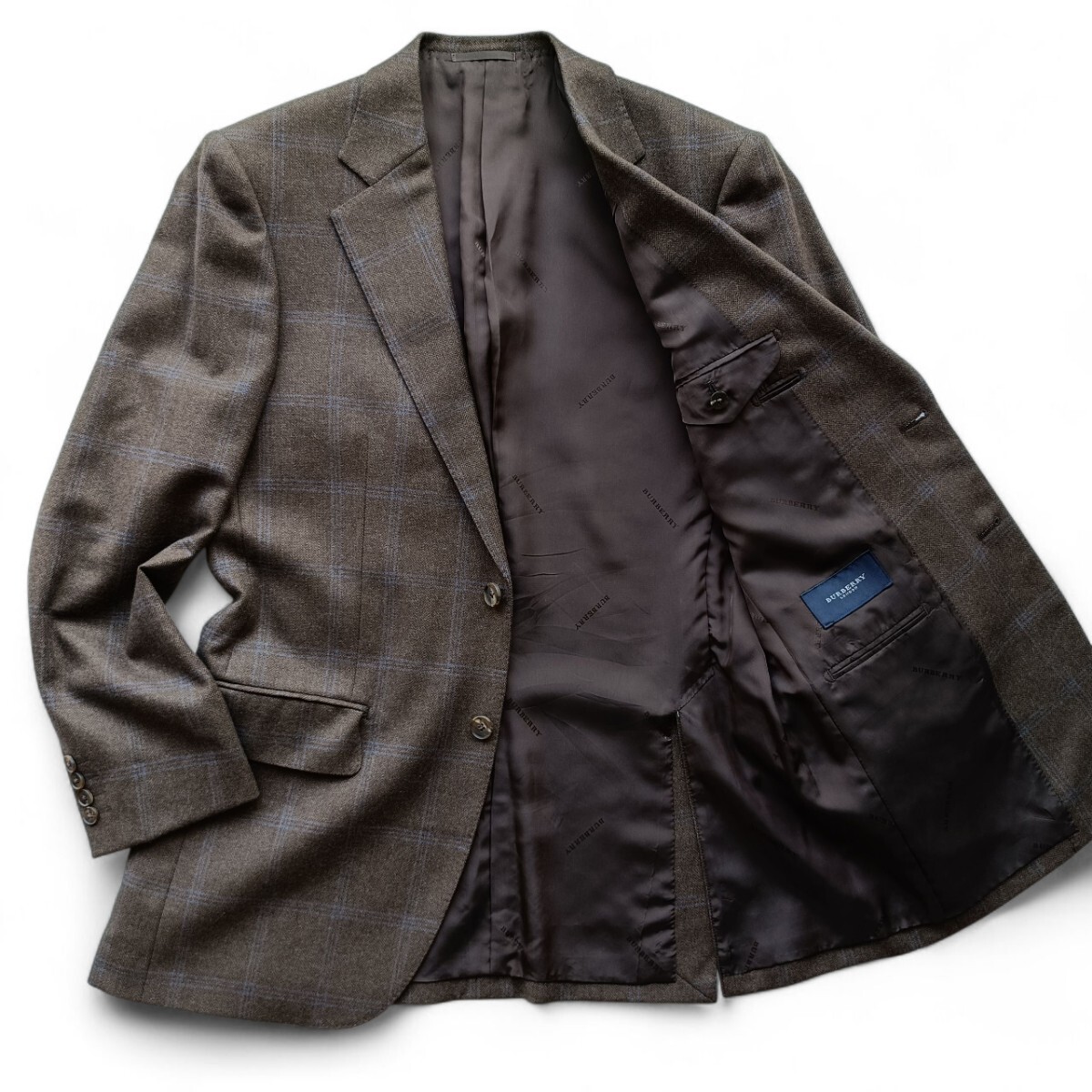 極美品 カシミヤ100% A6 L相当 バーバリーロンドン テーラードジャケット チェック ブレザー 裏地ロゴ柄 BURBERRY ブラウン 日本製拍卖