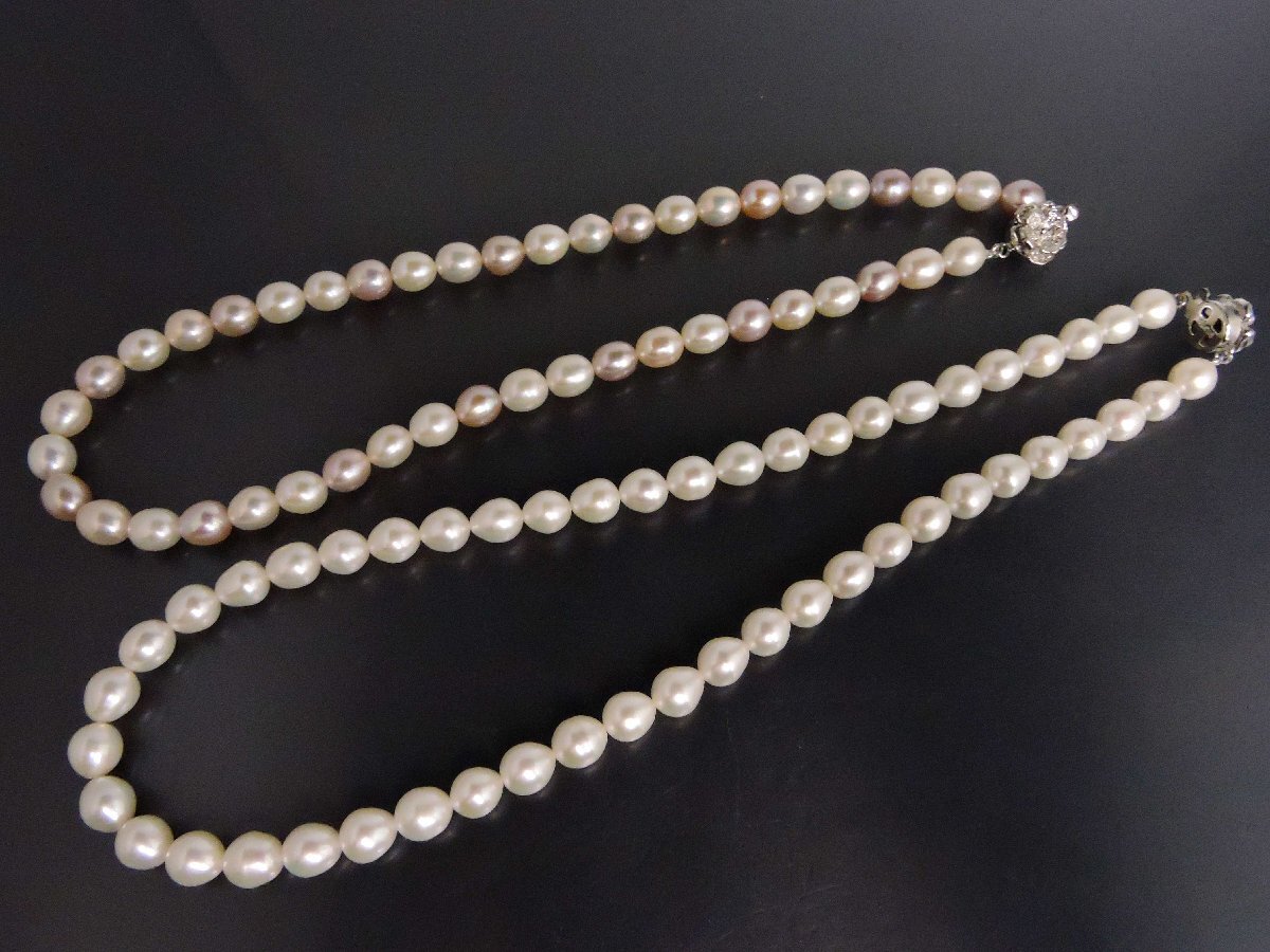 真珠 パール 留め金 シルバー フラワー ネックレス パールチェーン 約8㎜球 ホワイトカラー ピンク系マルチカラー 2点セット拍卖