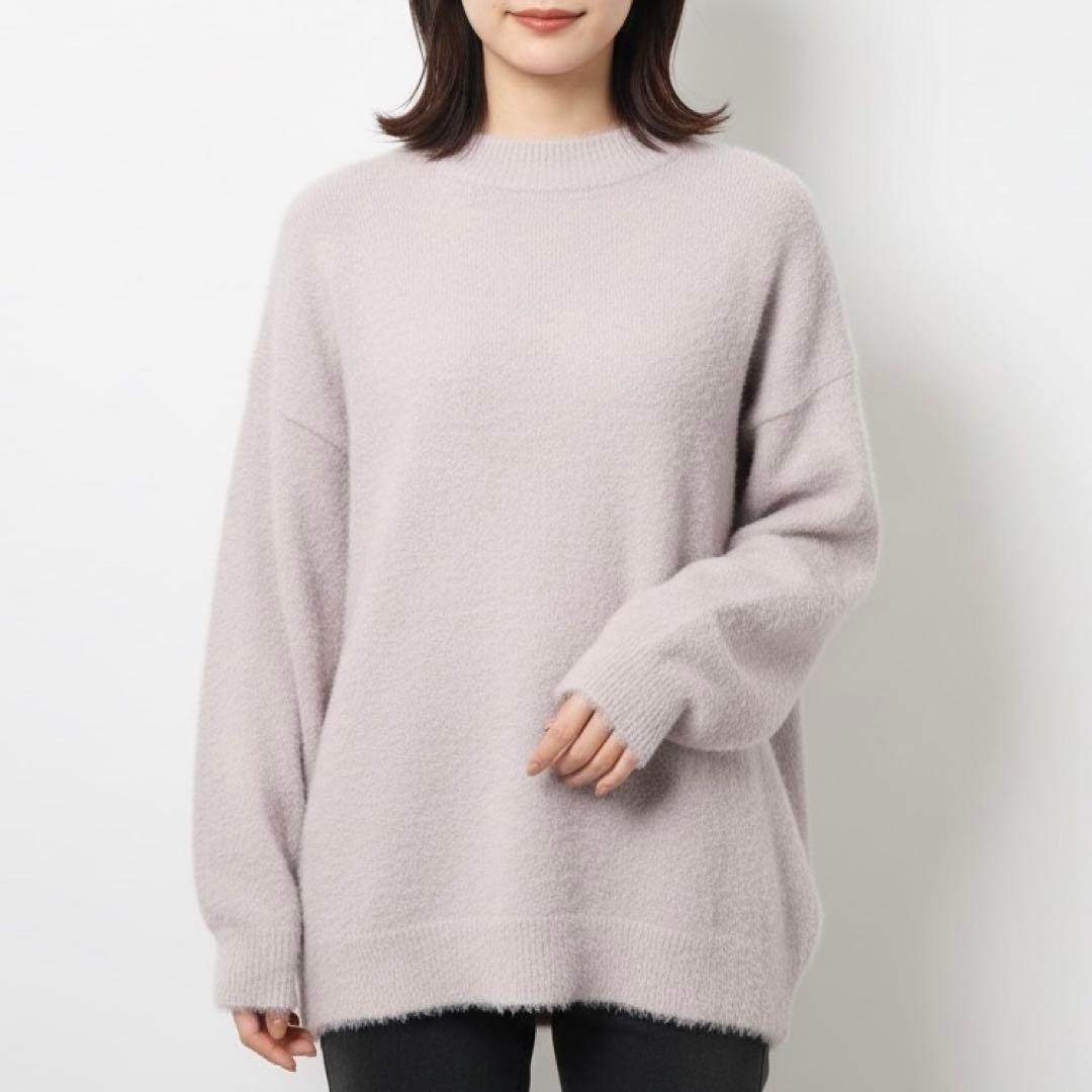 くすみピンク ニットトップス M ハイネック モックネック フェザーニット拍卖