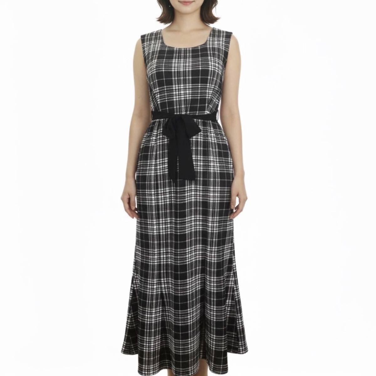 チェック柄 リボン スリット ロング マーメイドワンピース M拍卖