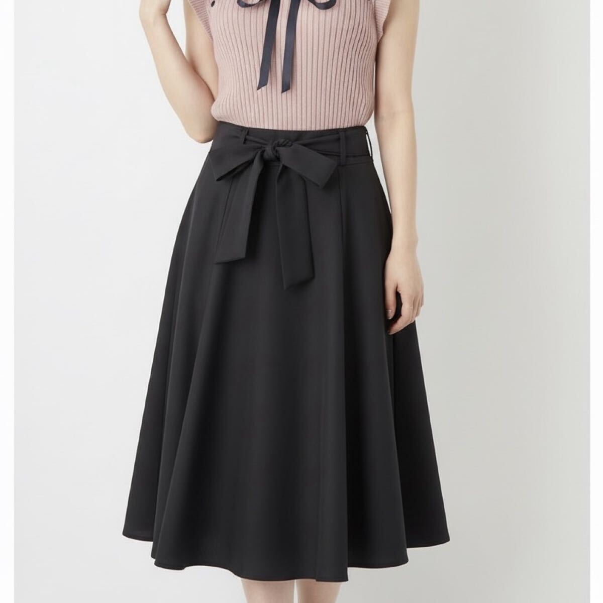 4every フォーエブリー ウエストリボン ひざ丈スカート 黒拍卖