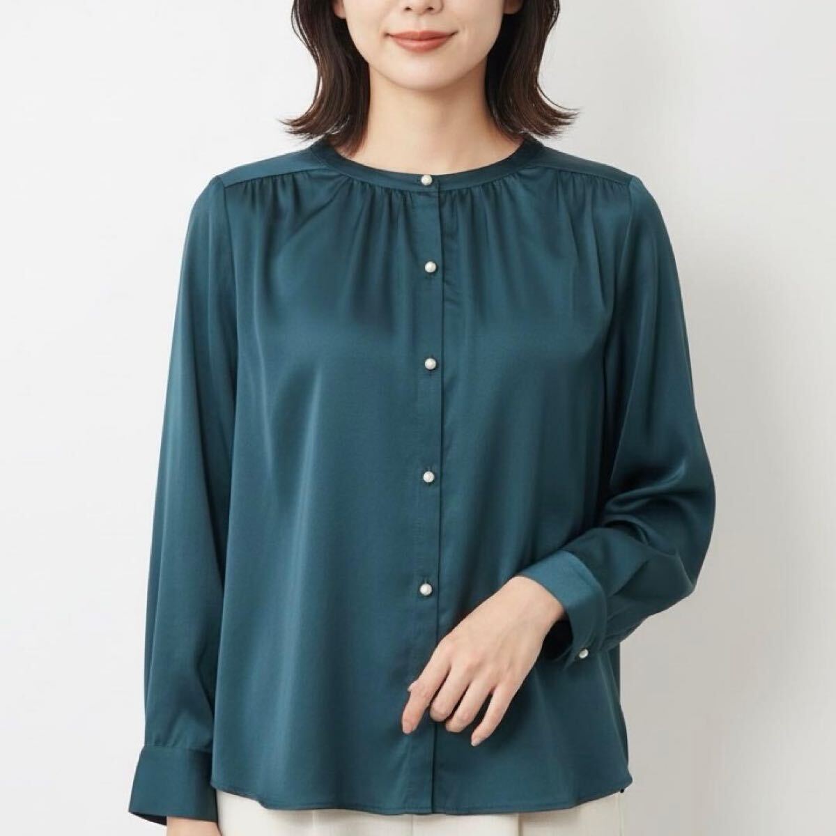 パールボタン ブラウス グリーン 長袖 レディース M拍卖
