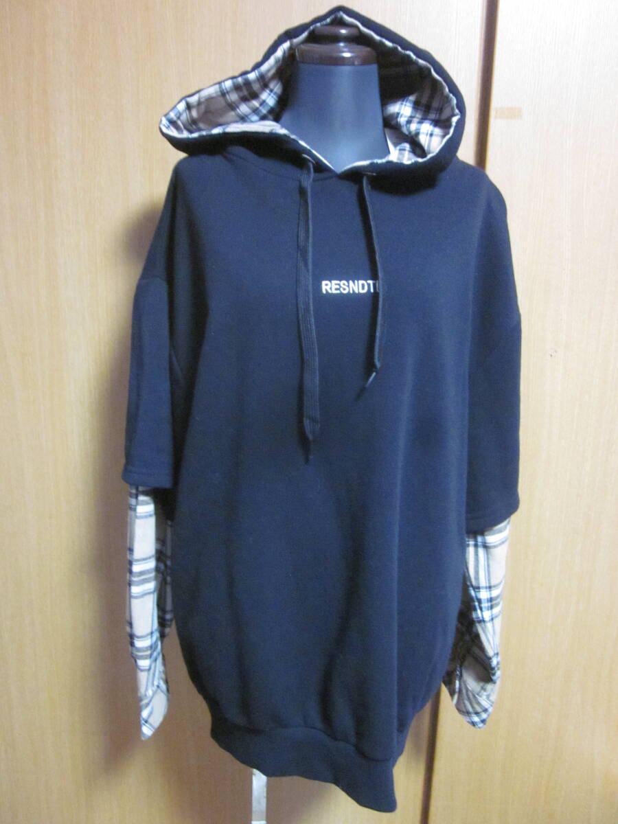 新品☆袖チェック柄レイヤード裏起毛トレーナー☆サイズM拍卖