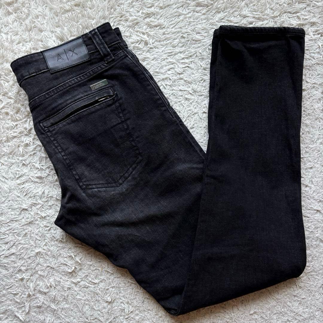 アルマーニ エクスチェンジ J27 SKINNY BIKER スキニー バイカー デニム A|X ARMANI EXCHANGE ジーンズ レザーパッチ 黒 ブラック 30 L拍卖