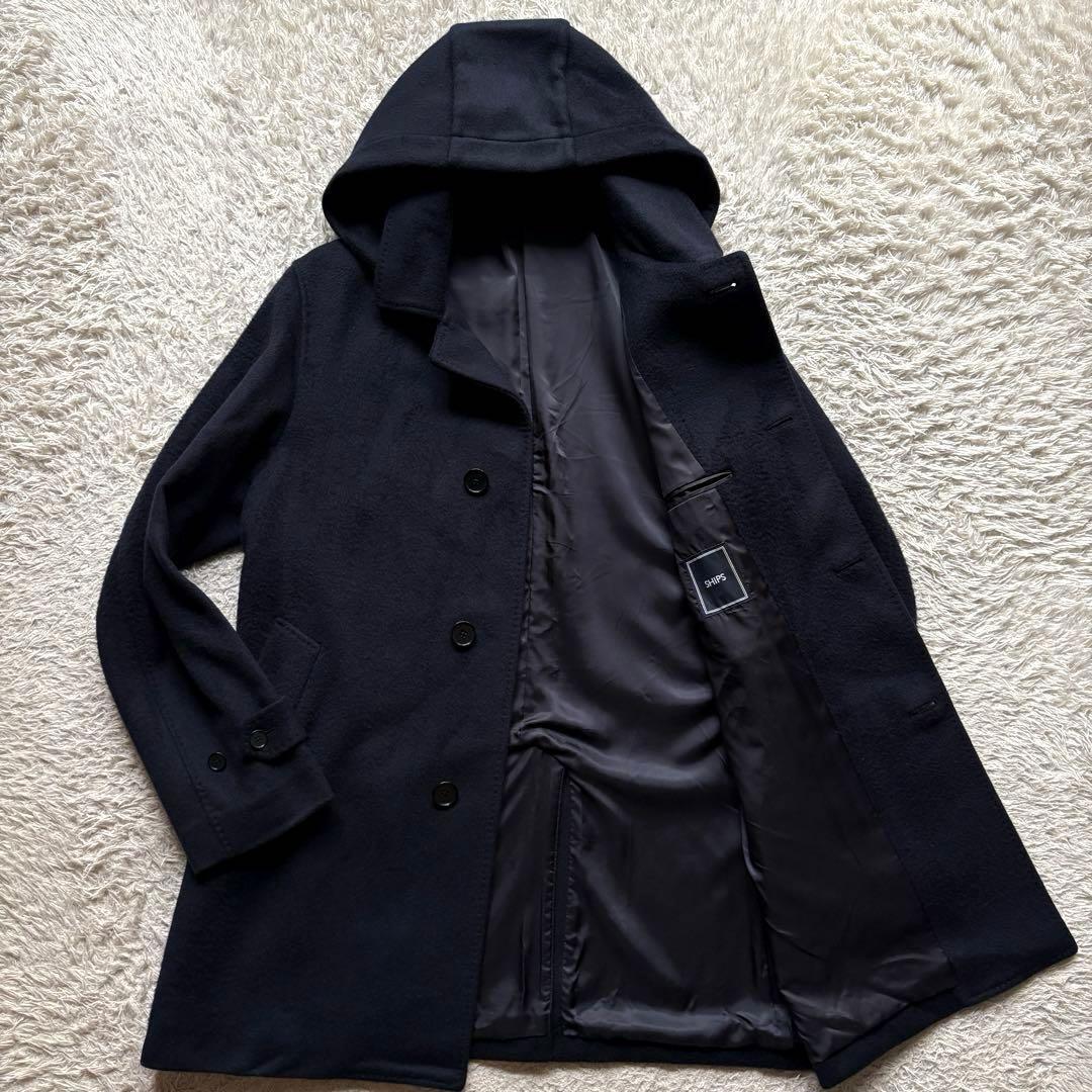 SHIPS ★希少 Lサイズ★ スーパー160's ウールコート シングル シップス Pコート フード 取り外し可能 紺 ネイビー メンズ 近年モデル拍卖