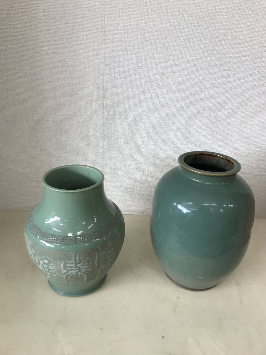 1956 富士七宝焼/高麗青磁 韓国青磁 カトレア柄 セット まとめて 花瓶 陶器 壺 骨董品 工芸品 花器 アンティーク コレクション 他拍卖