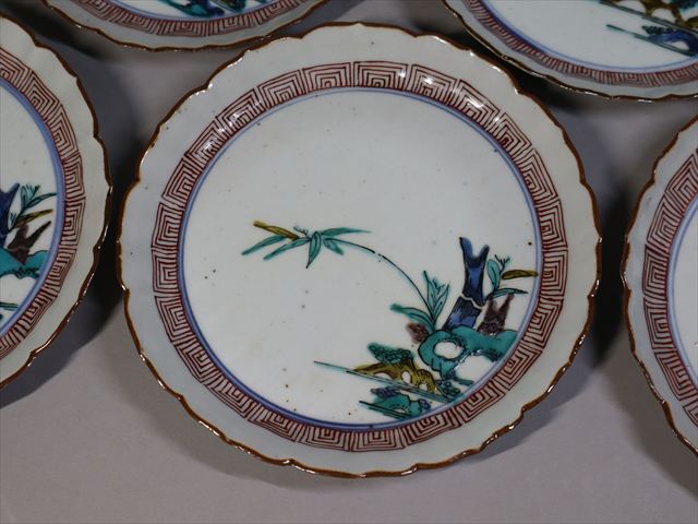 ★美術館級作 江戸前期 古九谷竹之絵輪花皿五客 最高峰の出来栄え 本物保証拍卖