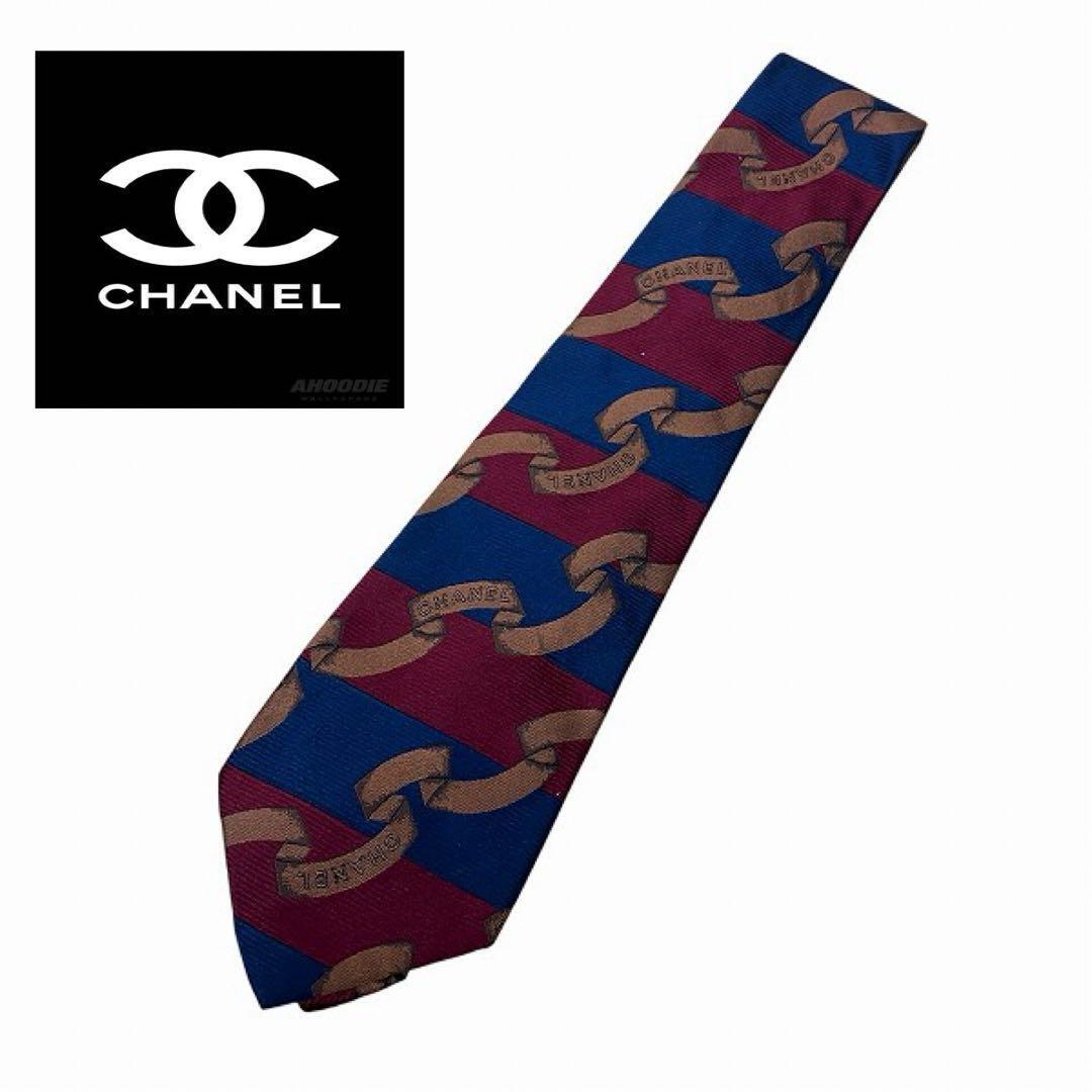 CHANELシャネル シルク ネクタイ 青赤ストライプ拍卖