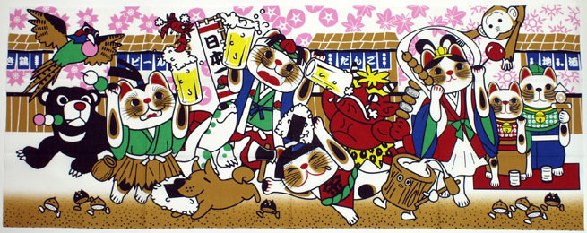 【日本製】福まねき猫_昔話 日本手ぬぐい拍卖