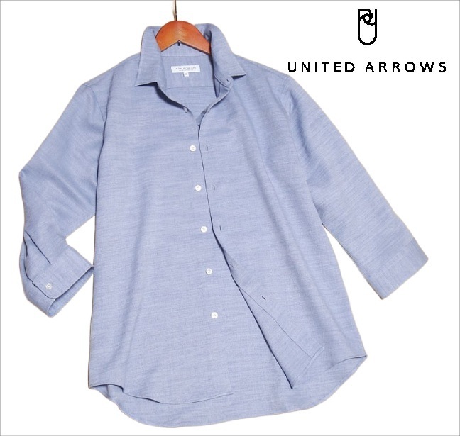 新品!! ユナイテッドアローズ リネン調 スラブツイル 7分袖シャツ ブルー (L) ☆ UNITED ARROWS メンズ 吸水速乾 リラックスシルエット 青拍卖