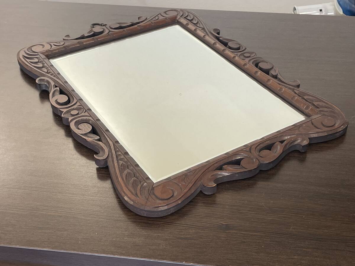 ★【アンティーク ウォールミラー インテリア 壁掛け式鏡】壁掛け 木製鏡 レトロ ミラー★寸法:約43×33cm拍卖