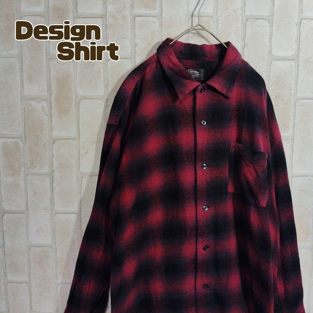 デザイン オンブレ チェック シャツ 長袖 赤 黒拍卖