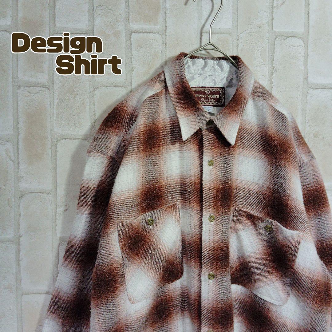 シャツ 長袖 オンブレ チェック ブラウン シャドーチェック拍卖