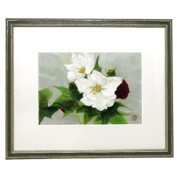 DKG★真作保証 日本画 前田蓉子 「 窓辺の芙蓉 」 額装 絵画 前田 蓉子 芙蓉 絵 美術品 木芙蓉 ハス フヨウ拍卖