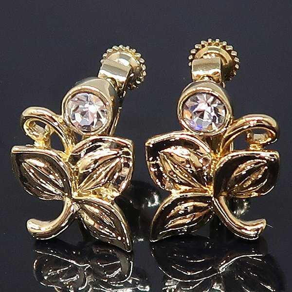 DKG★送料無料 BVA421★ 美品 ラインストーン フラワー イヤリング ネジバネ式 ゴールドカラー 花 フラワーイヤリング拍卖