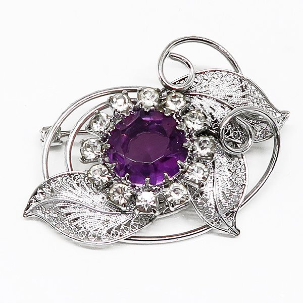 DKG★送料無料★ ヴィンテージ パープル 紫 カラーストーン アンティーク レトロ フラワー ブローチ 188 フラワーブローチ拍卖