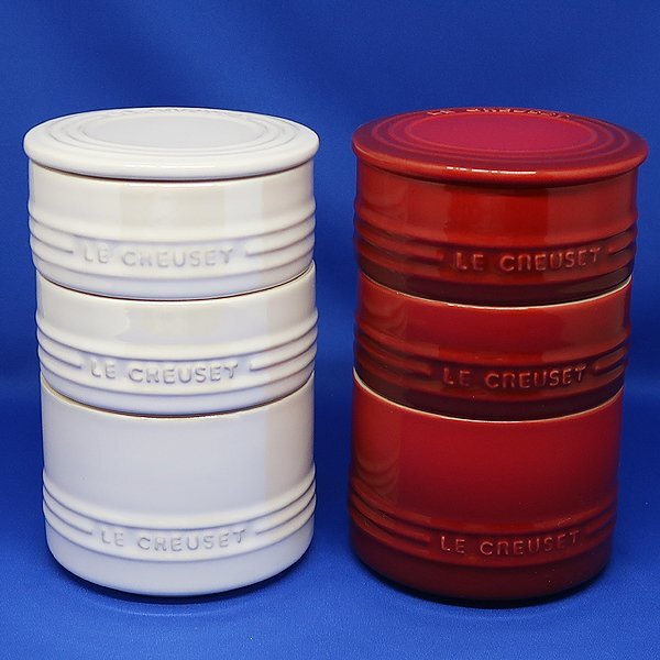 DKG★送料無料★ 未使用 LE CREUSET ルクルーゼ スタッキング ラムカン セット 白 赤 2セット ル・クルーゼ ラムカンセット拍卖