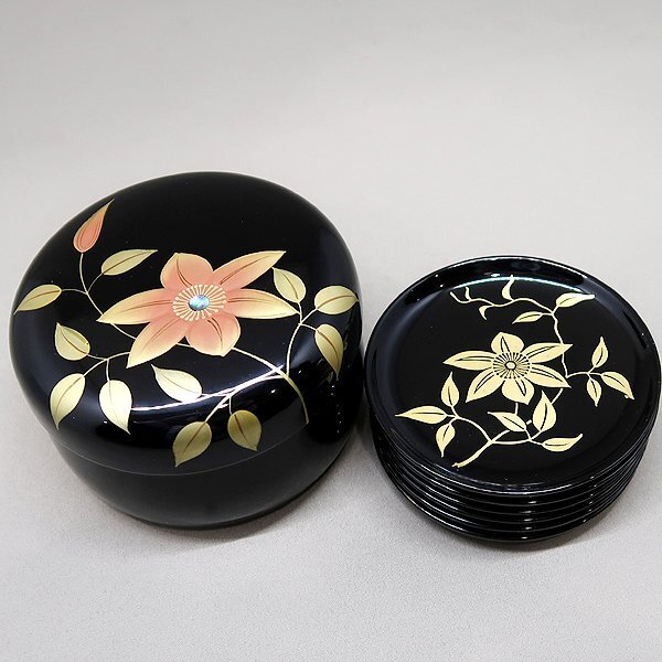 DKG★送料無料★ 時代物 漆器 桔梗 久美皿 銘々皿 6枚 貝細工 収納容器 付き 金彩 豆皿 小皿 8cm 皿 蒔絵久美皿 桔梗蒔絵皿 拍卖
