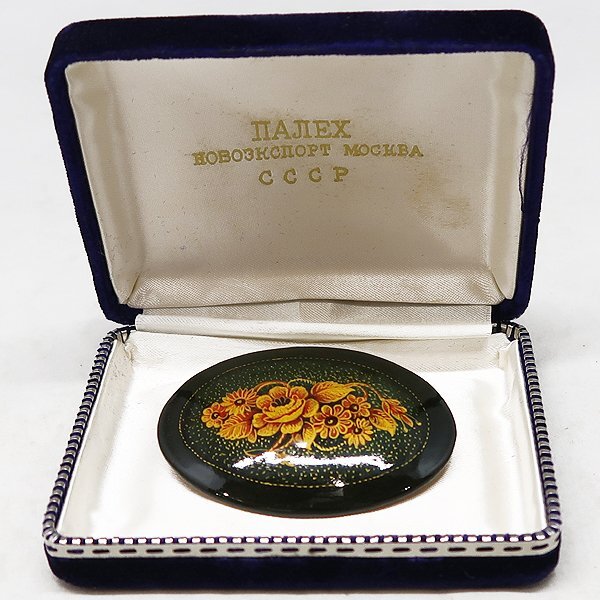 DKG★送料無料★ 美品 IIAJIEX ロシア 手描き フラワー ミニアチュール ウッド ブローチ CCCP ハンドペイント 木製ブローチ拍卖