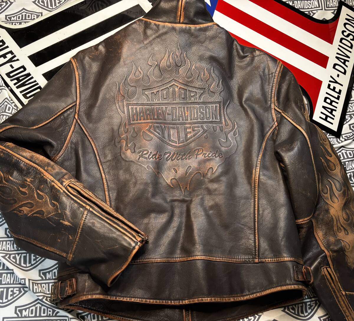 ★ ハーレーダビッドソン ★大型立体エンボス見事なダメージ加工非常にレアな本革製ジャケット入手困難モデル!★拍卖