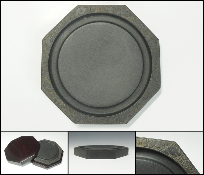 【251028-2】中国古玩 魚馬波彫八角硯 唐木箱付 唐物文房具 文房四宝拍卖