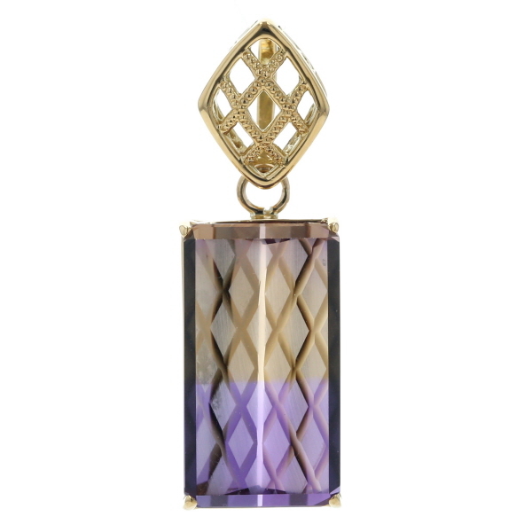 K18YG イエローゴールド ペンダントトップ アメトリン 17.36ct レクタングル つや消し 格子柄 キルティング【新品仕上済】【zz】【中古】拍卖