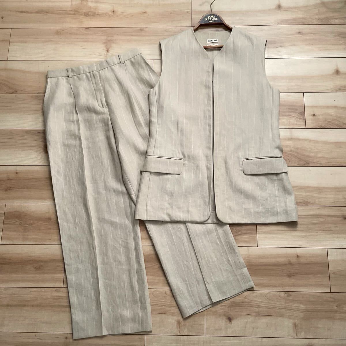 【送料無料】【美品】HERMES エルメス マルジェラ期 Sleeveless Jacket & pants Two Piece Set ノースリーブ パンツスーツ セットアップ拍卖