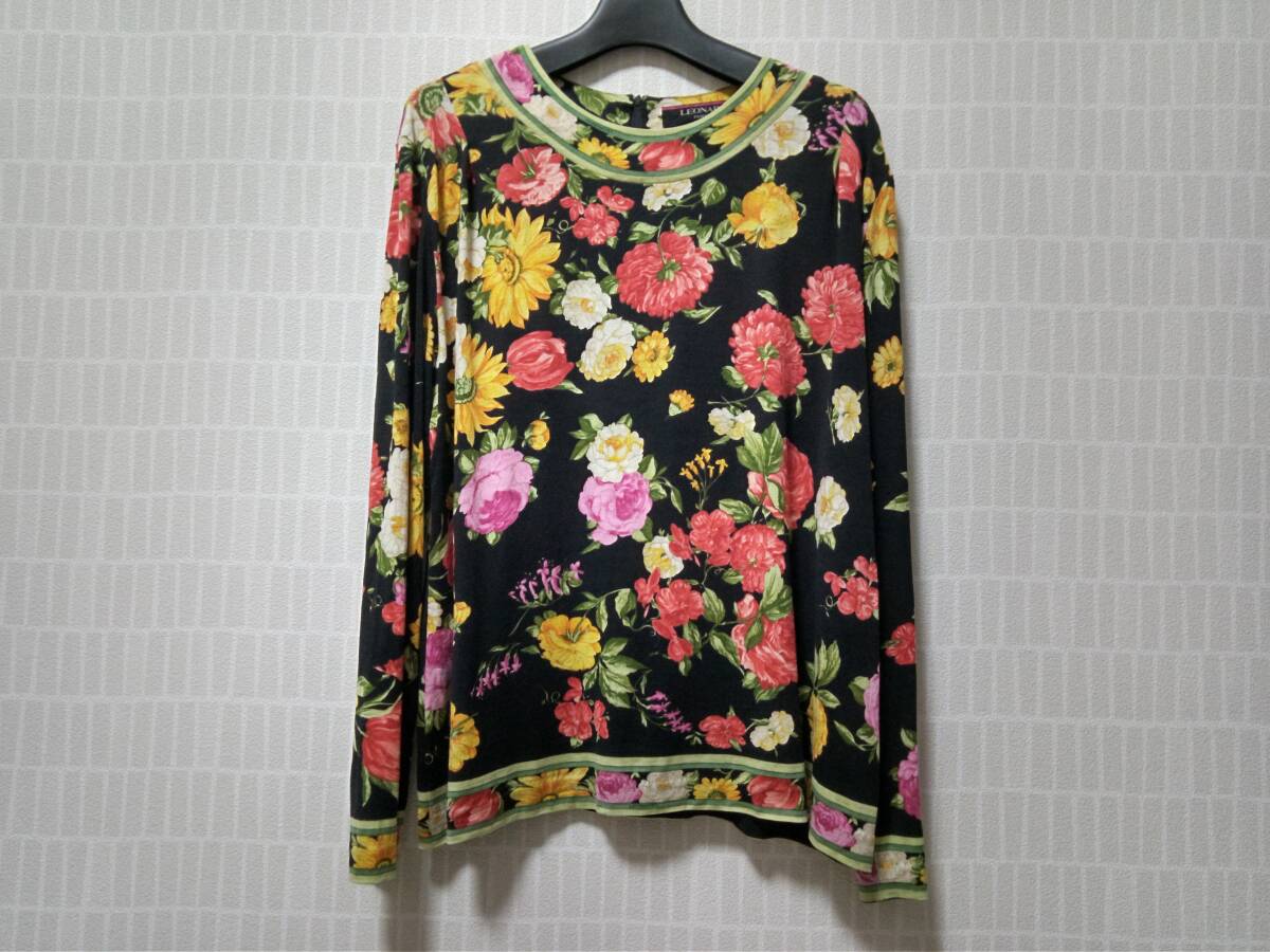LEONARD FASHION レオナール Lサイズ ウール×シルク 長袖 カットソー プルオーバー 黒地 花柄 拍卖