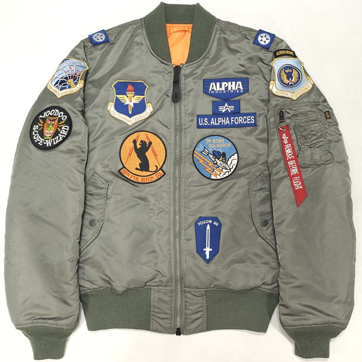 ALPHAアルファ中田商店コラボMA-1フライトジャケット相棒 亀山薫モデル フルパッチ中綿ミリタリーボンバーMA1スコードロン緑グリーングレー拍卖