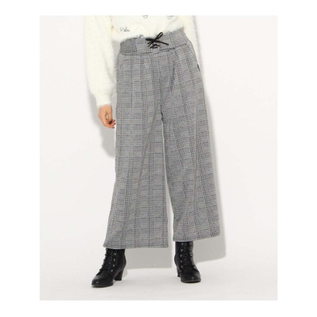 新品 PINK-latte コルセット風ワイドパンツ  グレー(212) チェック柄 15(XS150cm) 定価3190円拍卖