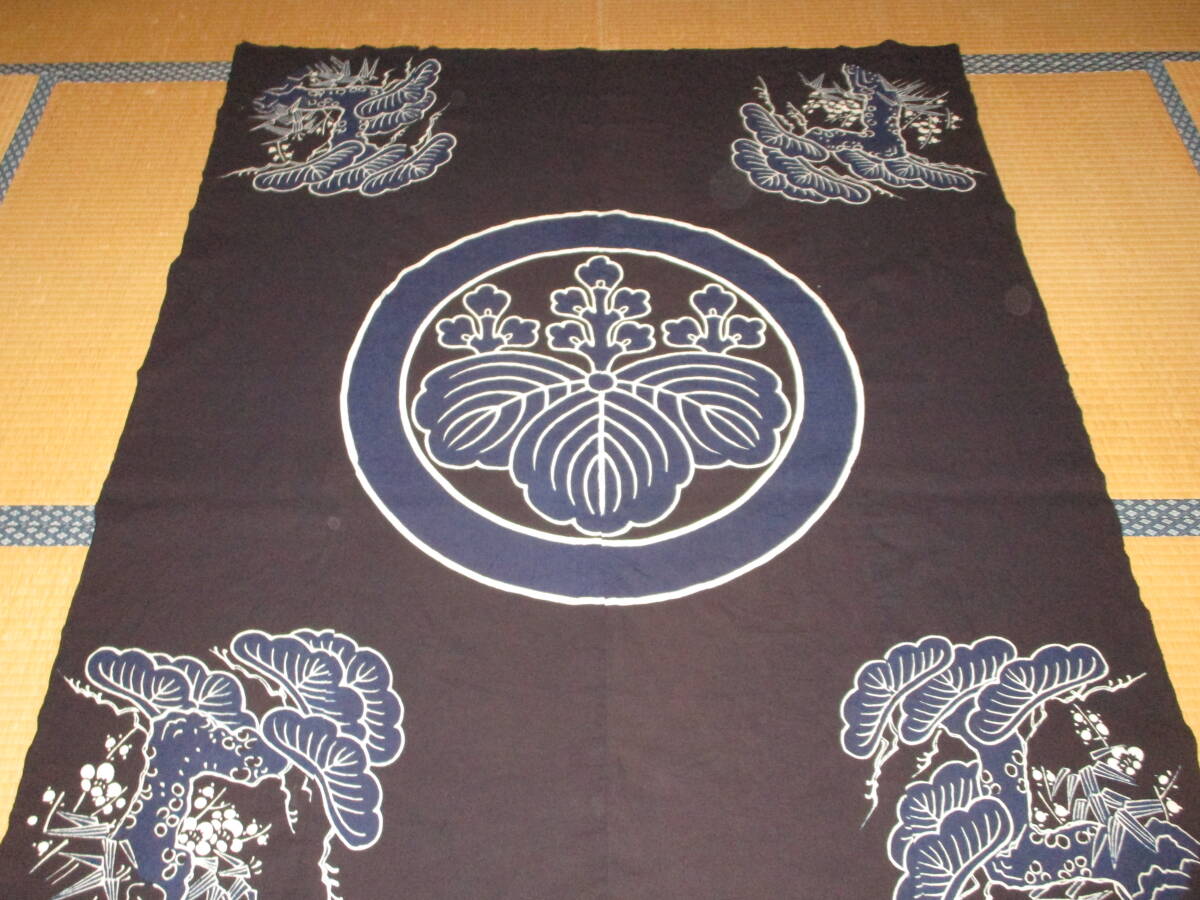 【昔古布】大正期 美品で 厚手 藍染手織木綿 筒描4幅 (長156) ●松竹梅・五三の桐● リメイク材料拍卖