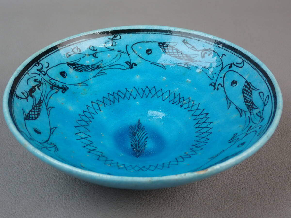 【骨董・茶道具】★古い イスラム陶器 古代ペルシャ★★青釉魚文鉢 gp023sl ラスター彩 ファイアンス拍卖