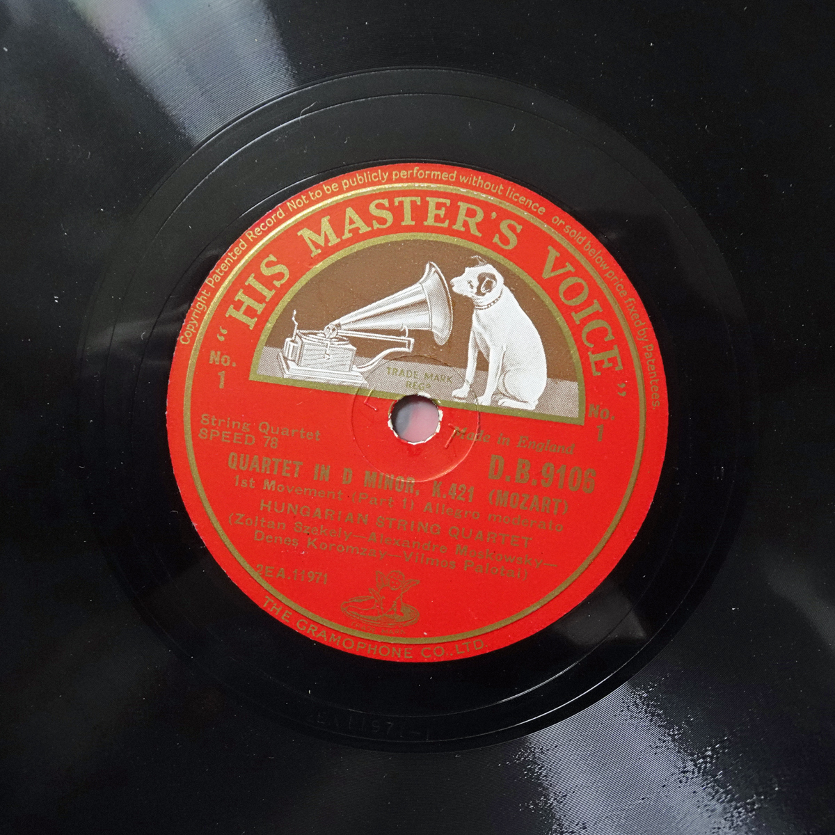 英HMV D.B.9106/8 モーツァルト「弦楽四重奏曲第15番」 ハンガリー四重奏団拍卖